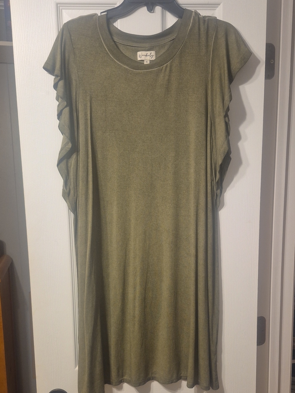 Wonderly Olive Green Flutter Sleeve Tunic Dress